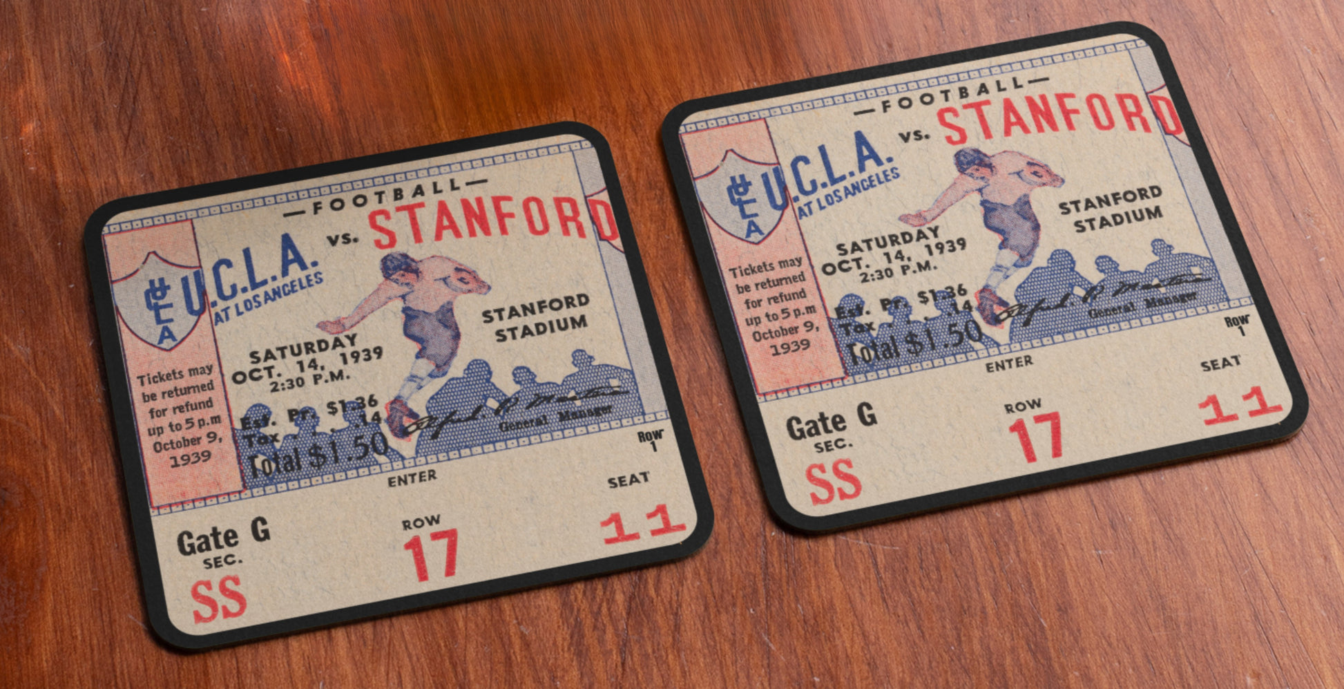 1939 UCLA vs. Stanford Football Ticket Stub Drink Coasters | Row One Brand | Jackie Robinson Played for the Bruins