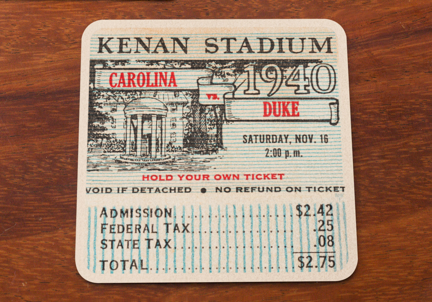 1940 North Carolina vs. Duke Football Ticket Drink Coasters with artwork depicting the University of North Carolina campus. Price of admission was $2.75. Birch Wood Drink Coasters Made in the U.S.A.
