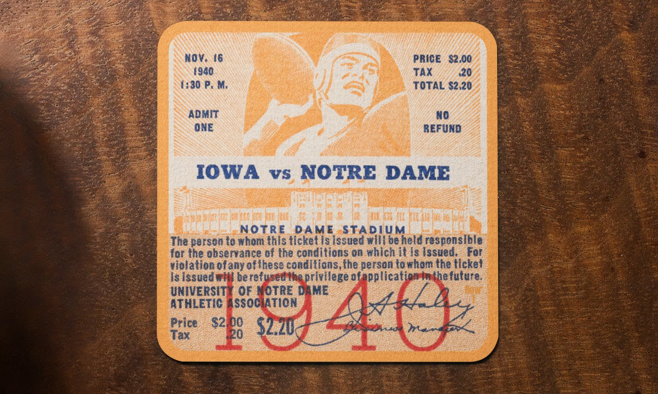 2024 Father's Day Sports Gift Ideas | 1940 Iowa Hawkeyes vs. Notre Dame Irish Football Ticket Drink Coaster Set with vintage quarterback and stadium graphics