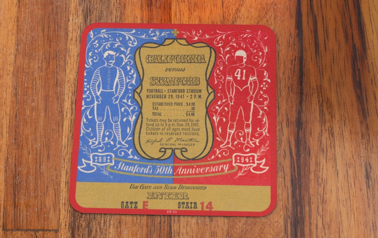 1941 Row One Brand vintage California Bears at Stanford Indians football ticket stub drink coaster set printed on birch wood