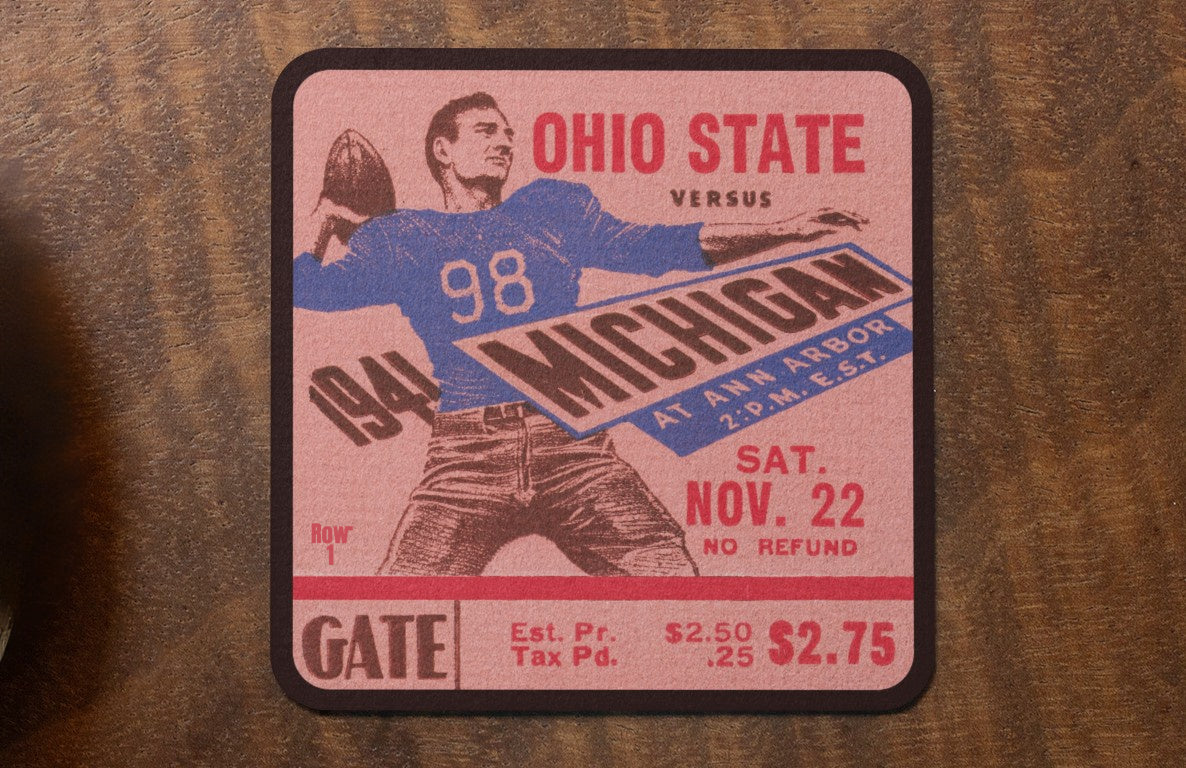 2024 Father's Day Sports Gifts | 1941 Michigan vs. Ohio State Football Ticket Stub Drink Coaster Set with Quarterback Pass Graphics