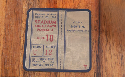 Football Ticket Stub Drink Coasters | 1946 Army Cadets vs. Oklahoma Sooners Football Ticket Drink Coasters with vintage West Point Graphics | Bud Wilkinson's First Game as Assistant at OU | Row One Brand