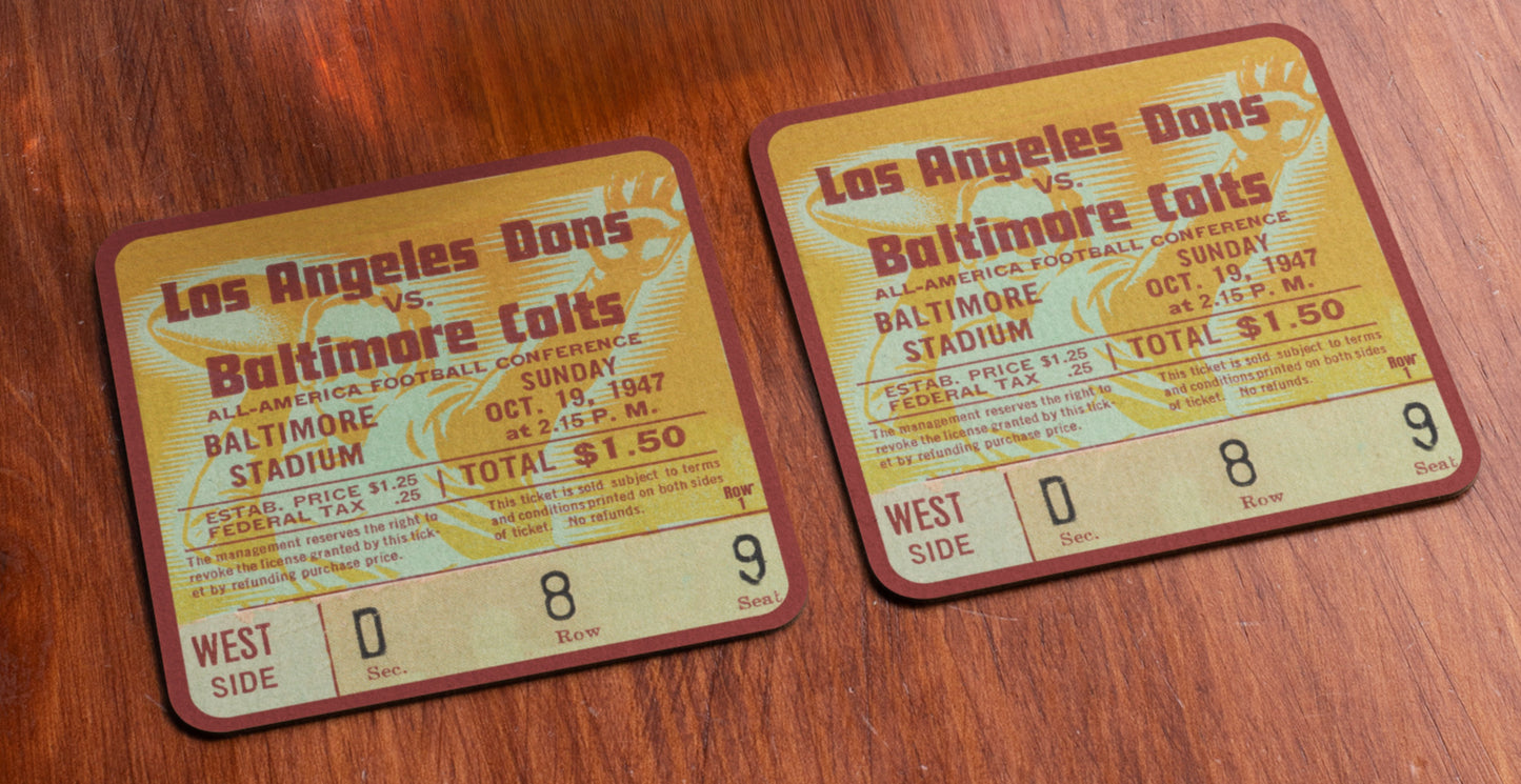 1947 Los Angeles Dons vs. Baltimore Colts Ticket Stub Coasters