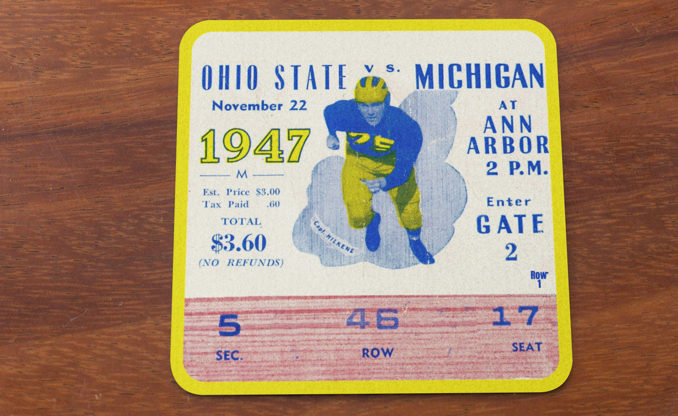 Vintage Sports Gifts | Row One Brand 1947 Ohio State vs. Michigan Football Ticket Coaster Set with Vintage Player Graphics