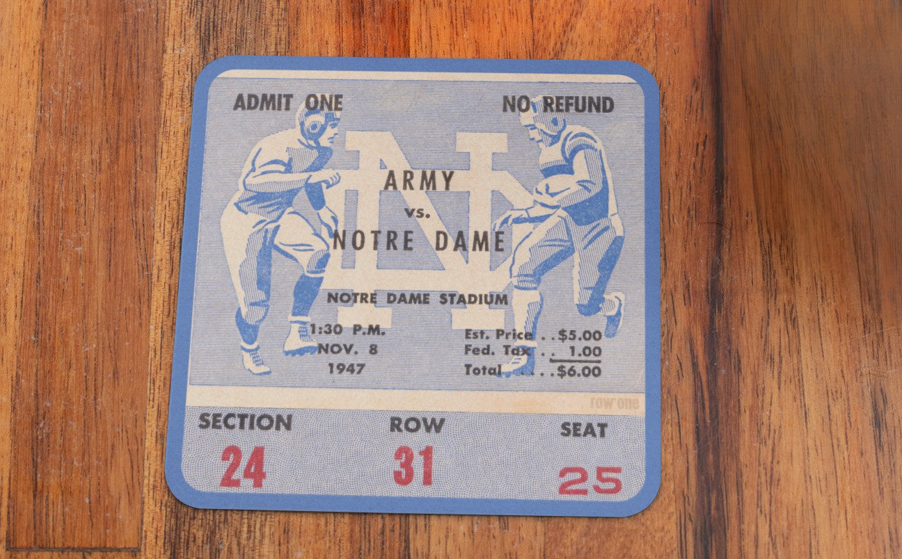 1947 Army vs. Notre Dame Football Ticket Coasters with 2 Vintage Gridiron Players Graphic | Row One Brand Vintage College Sports Gifts