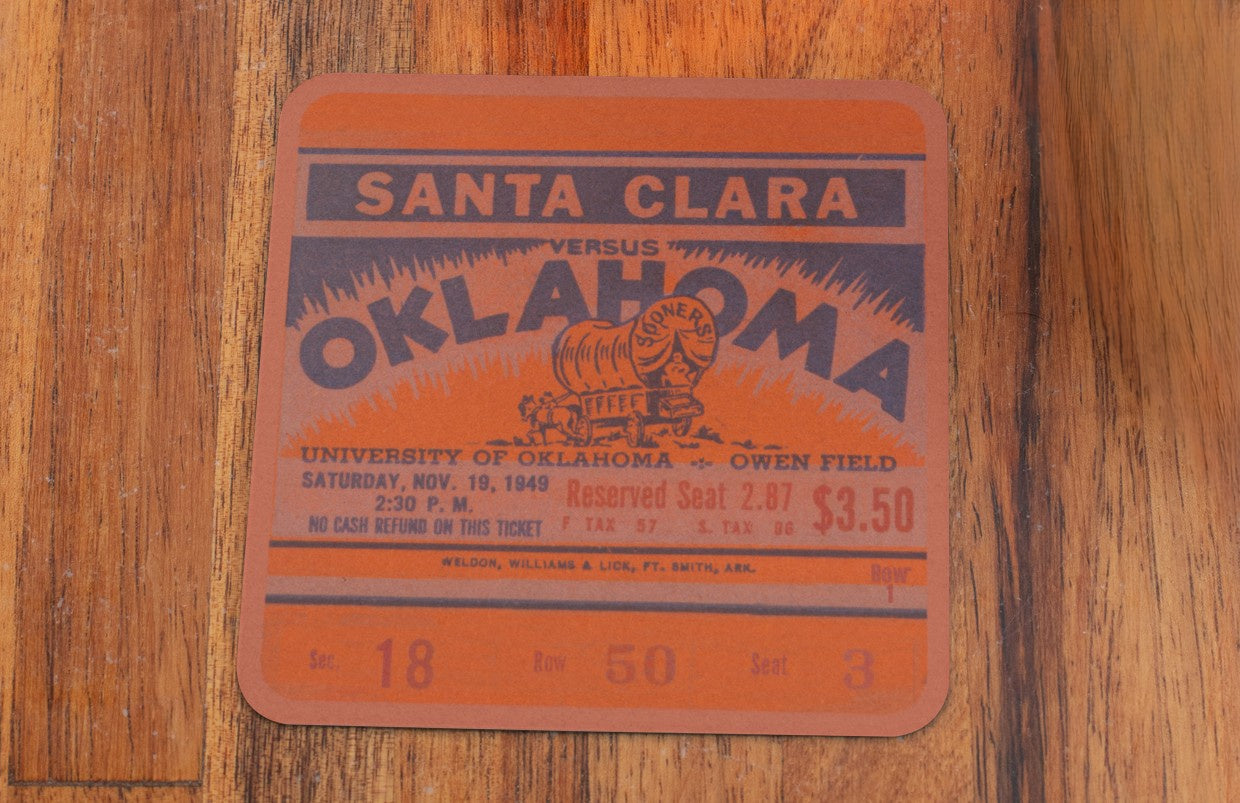 Coasters Made in the U.S.A. | 1949 Santa Clara Broncos vs. Oklahoma Sooners Football Ticket Drink Coasters | Unique Oklahoma Gifts