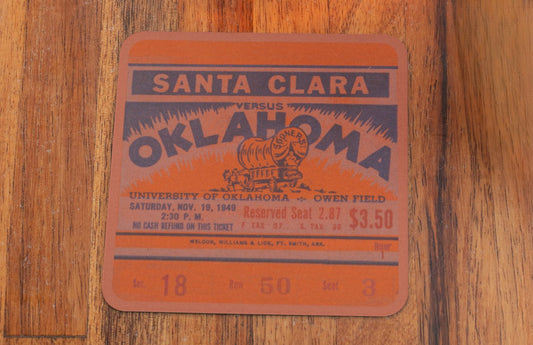 Coasters Made in the U.S.A. | 1949 Santa Clara Broncos vs. Oklahoma Sooners Football Ticket Drink Coasters | Unique Oklahoma Gifts