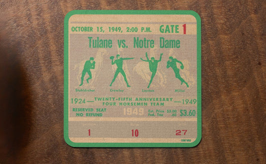 1949 Tulane vs. Notre Dame Football Ticket Stub Drink Coasters with Four Horsemen Graphics | Row One Brand Vintage College Sports Coasters