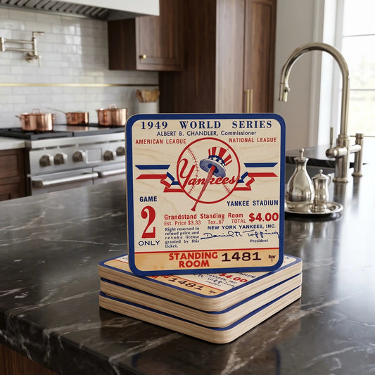 Row One Brand vintage 1949 World Series baseball ticket drink coasters with authentic '49 New York Yankees ticket graphics and price. Row 1  number trademark in lower corner.