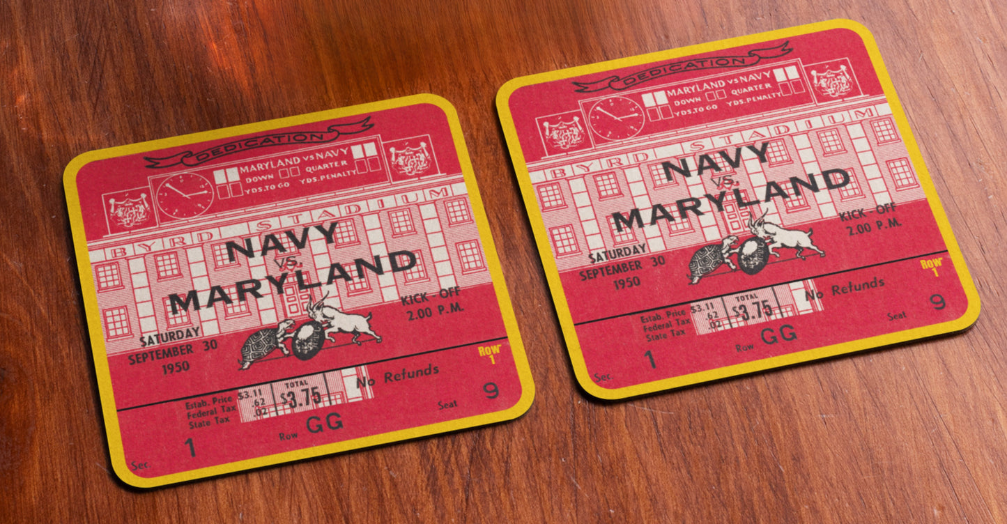 1950 Navy vs. Maryland Football Ticket Drink Coasters with artwork showing a goat and a turtle fighting for a football