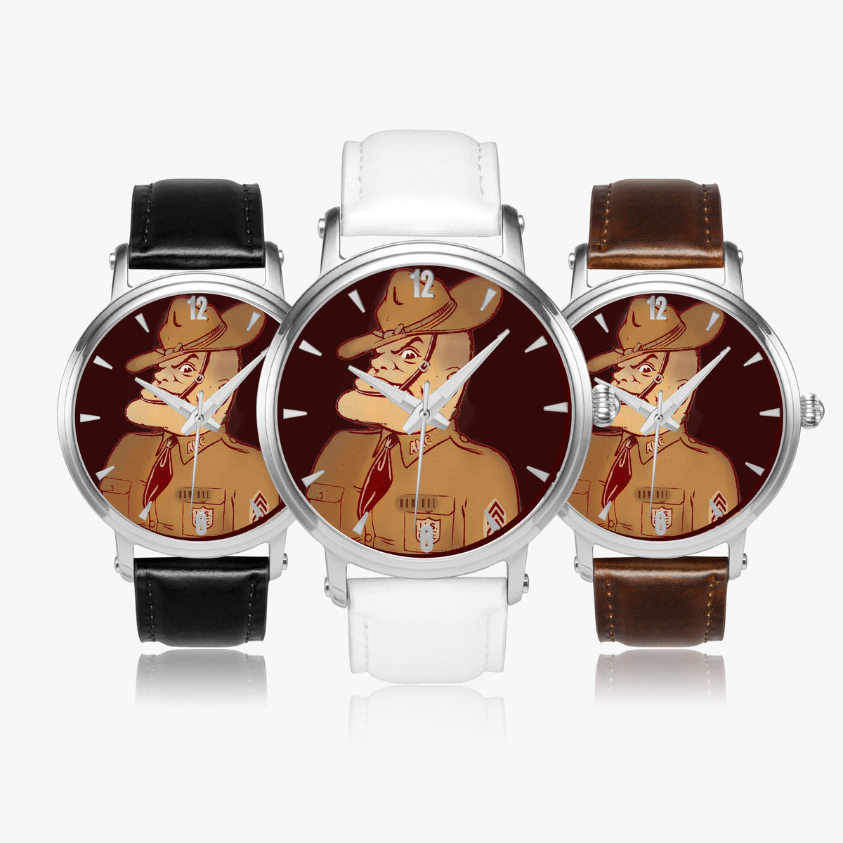 Three watches with a common face featuring an animated character in a uniform on a white background.