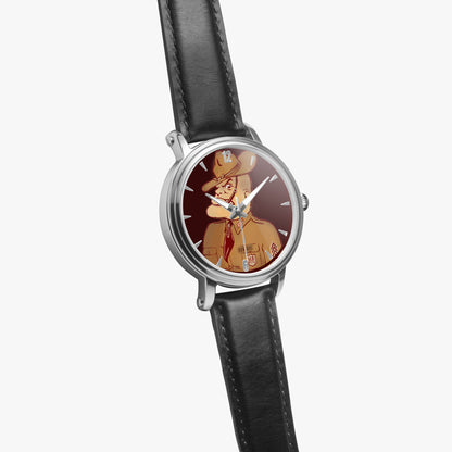 Watch with a cartoon graphic on the dial against a white background