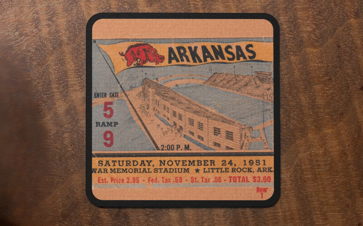 1951 Tulsa vs. Arkansas Football Ticket Drink Coasters