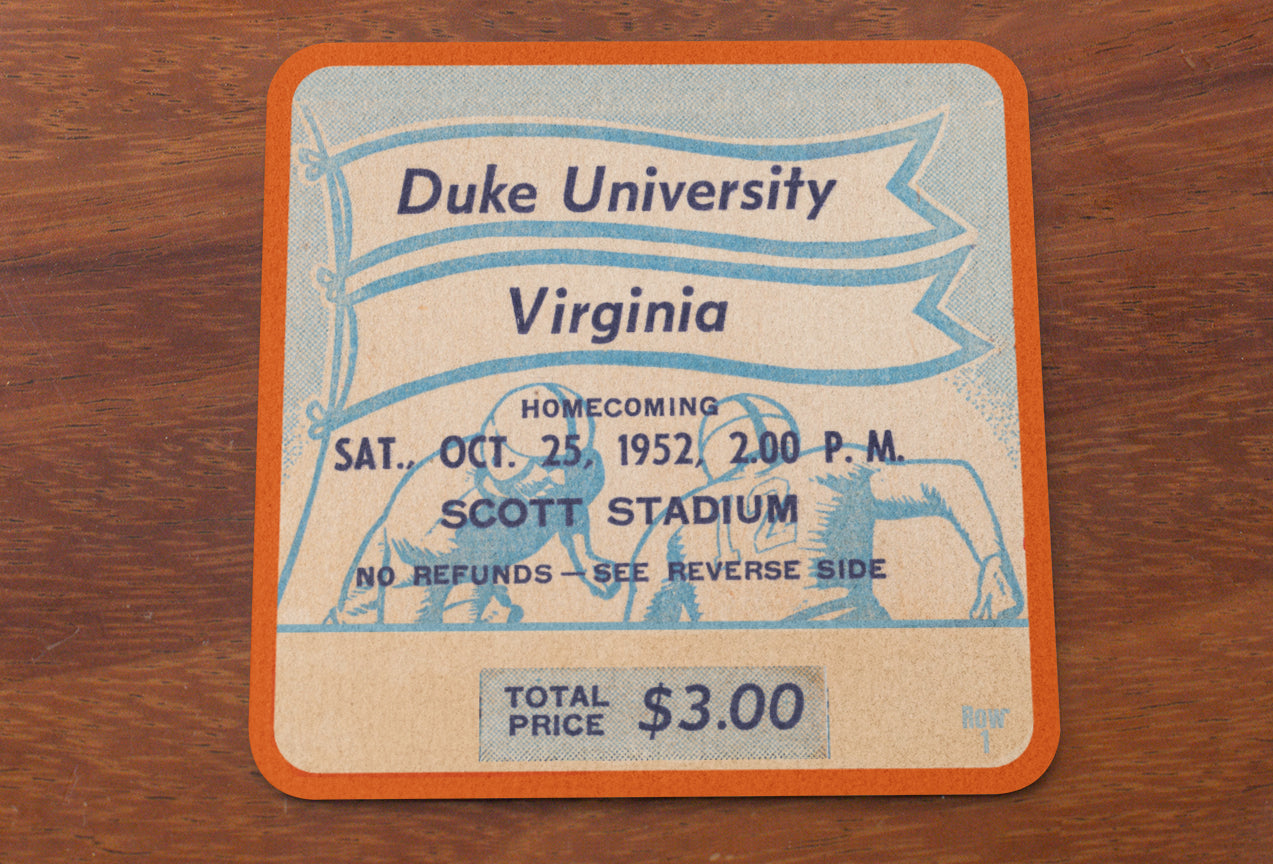 Father's Day Sports Gift Ideas for College Football Fans | 1952 Duke Blue Devils vs. Virginia Cavaliers Football Tickets Stub Coasters with Pennant and Vintage Football Player Graphics | Row One Brand Vintage Ticket Gifts