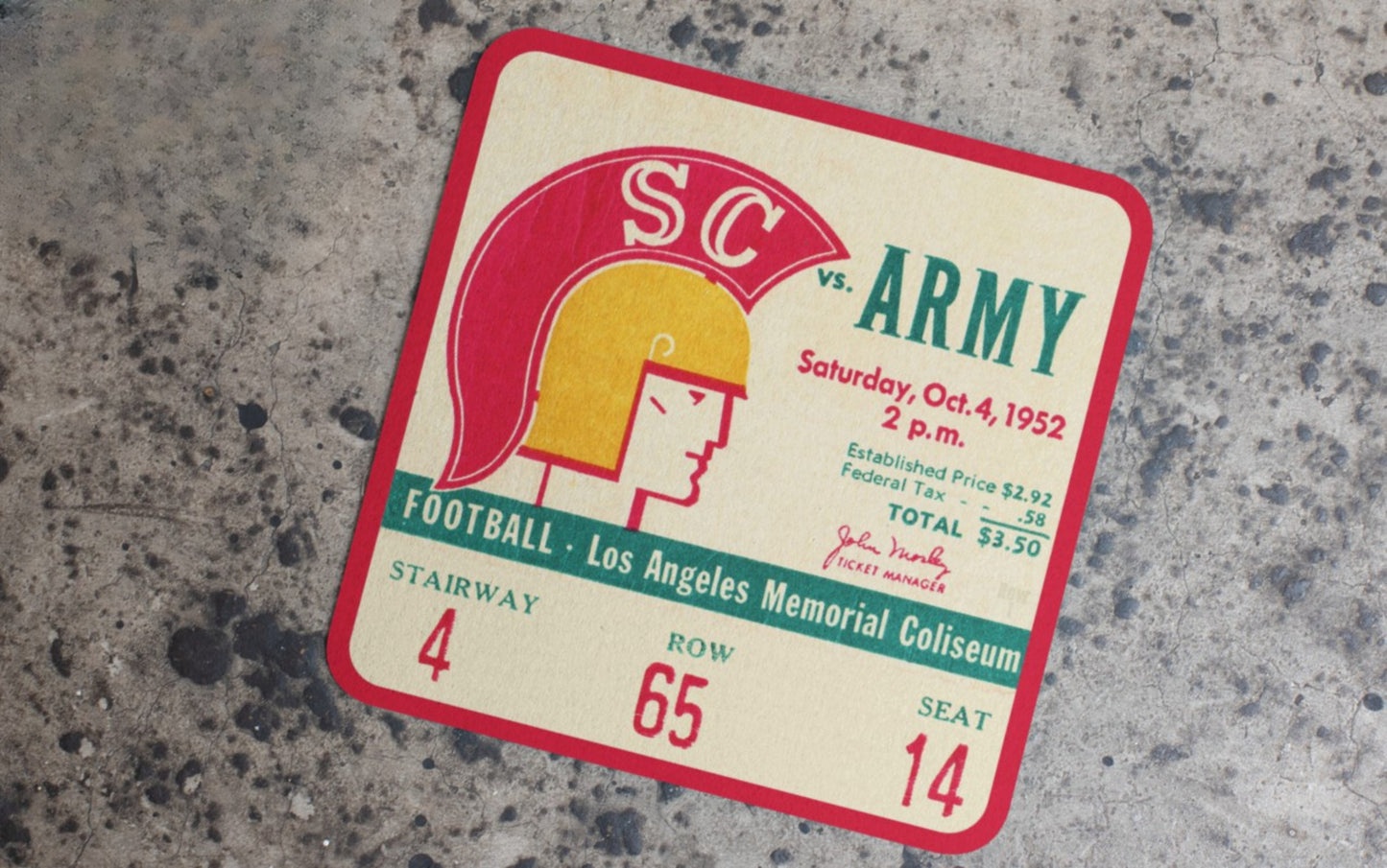 1952 USC Trojans vs. Army Cadets Football Ticket Stub Drink Coasters | Row One Brand Birch Wood Ticket Stub Coaster Sets