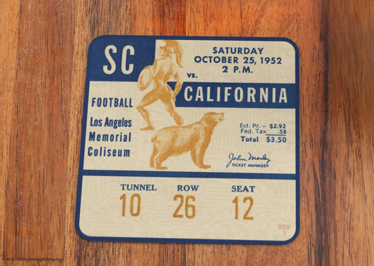 Row One Brand Vintage Football Ticket Drink Coasters | 1952 Cal Bears vs. USC Trojans Birch Wood Coasters | Unique Sports Gifts for Coffee Tables & Game Rooms