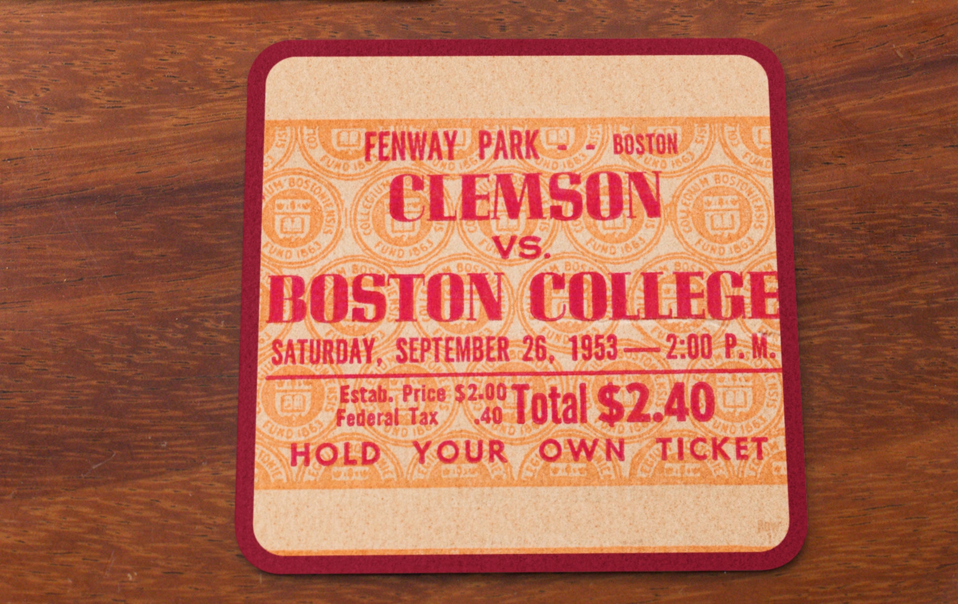 1953 Clemson vs. Boston College Football Ticket Stub Drink Coasters | Game Played at Fenway Park | Row One Brand 