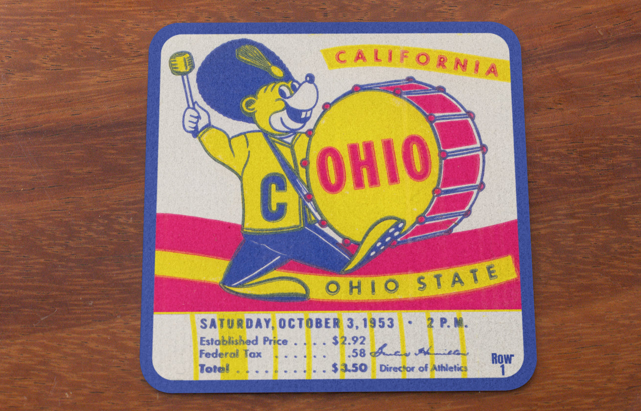 Row One Brand Vintage College Football Ticket Drink Coasters | 1952 Cal Bears vs. Ohio State Buckeyes Ticket with Cartoon Bear Bass Drummer Graphics 