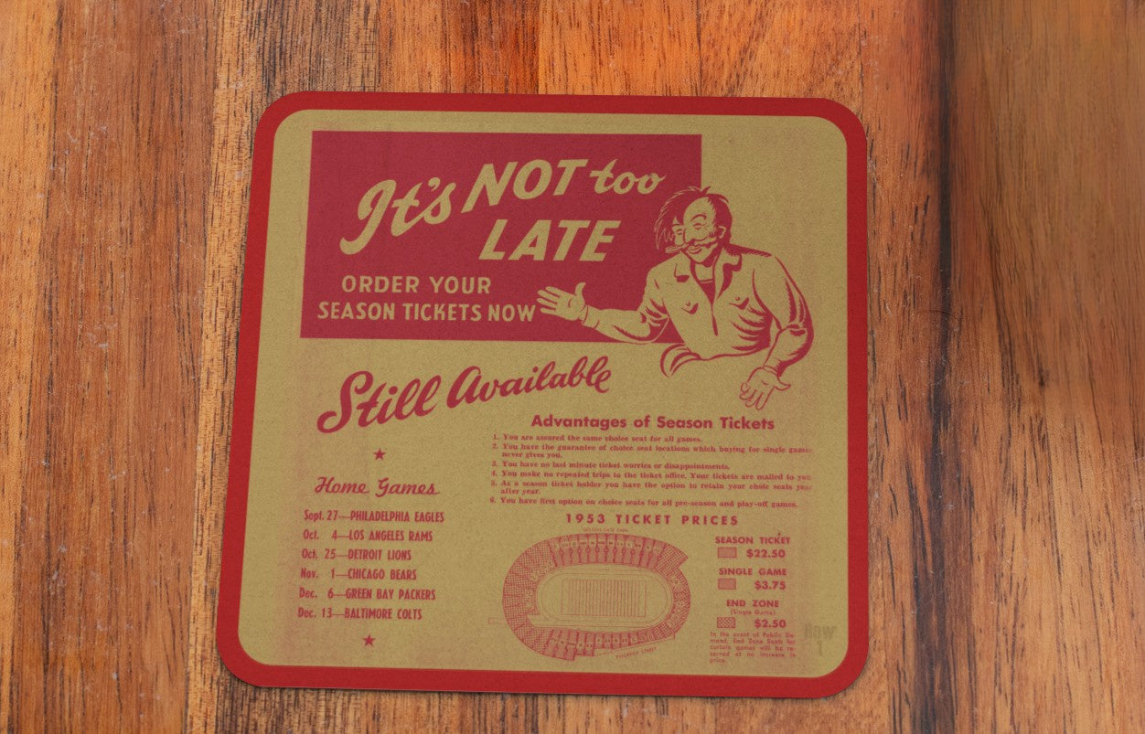 Father's Day 2024 Gifts | Row One Brand 1953 San Francisco 49ers Season Ticket Ad With Vintage Graphics Drink Coaster Set | Unique California Sports Gifts | Coffee Table and Kitchen Gift Ideas for Sports Fans