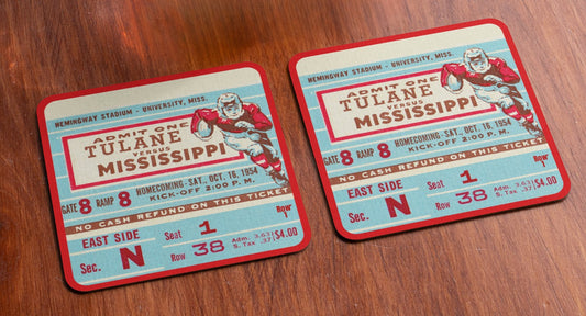 1954 Ole Miss vs. Tulane Football Ticket Coasters with Vintage Running Back Art Graphics | Row One Brand Vintage College Sports Gifts