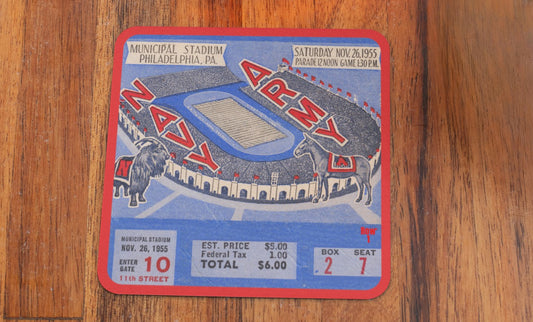 Unique Sports Gifts for Father's Day 2024 | Row One Brand | 1955 Army vs. Navy Football Ticket Stub Coasters with Stadium & Mascot Graphics