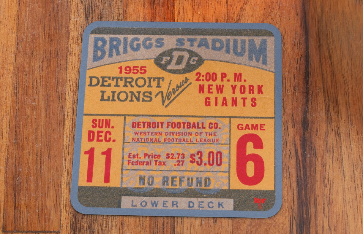 1955 Detroit Lions vs. New York Giants Football Ticket Stub Coasters with DFC Graphics | Row One Brand | Unique Father's Day Sports Gifts