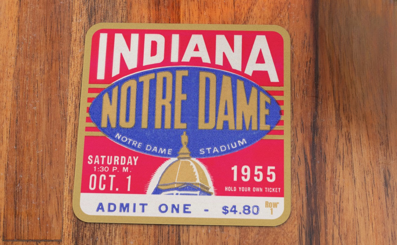 1955 Notre Dame vs. Indiana Football Ticket Drink Coasters with Golden Dome Graphics | Row One Brand Vintage Sports Ticket Gifts