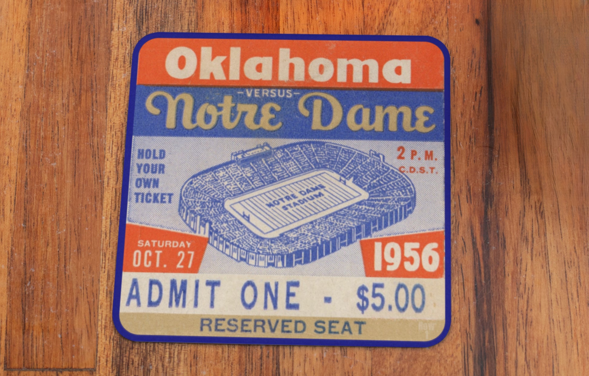 1956 Oklahoma Sooners Football Ticket Drink Coaster Set with Notre Dame Stadium Graphics | Win Number 35 in a Row of 47 Straight | Row One Brand Historic College Football Ticket Gifts