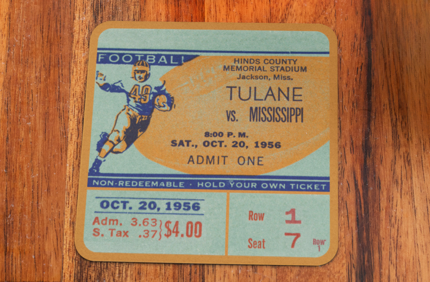 1956 Tulane vs. Ole Miss Football Ticket Drink Coasters