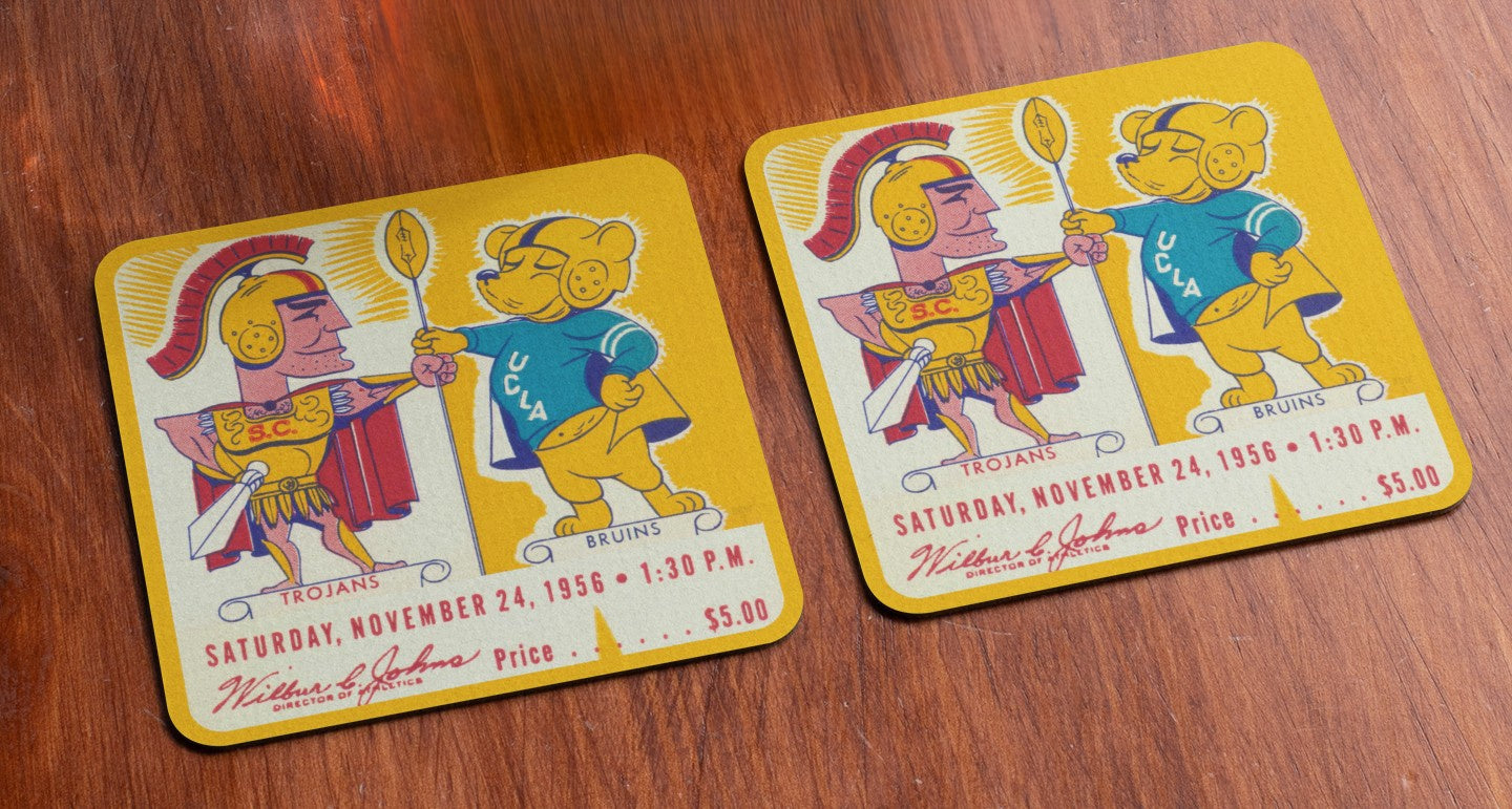 Cartoon Ticket Stub Art | Row One Brand 1956 USC Trojans vs. UCLA Bruins Football Ticket Drink Coaster Set | Bear and Trojan Cartoon Graphics