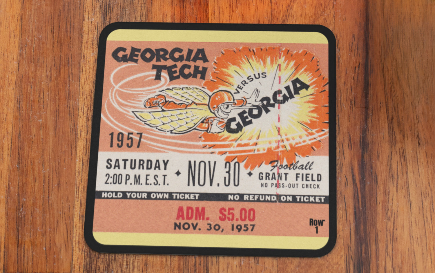 1957 Georgia Tech vs. Georgia Football Ticket Drink Coasters | Row One Brand Vintage College Football Ticket Coaster Sets