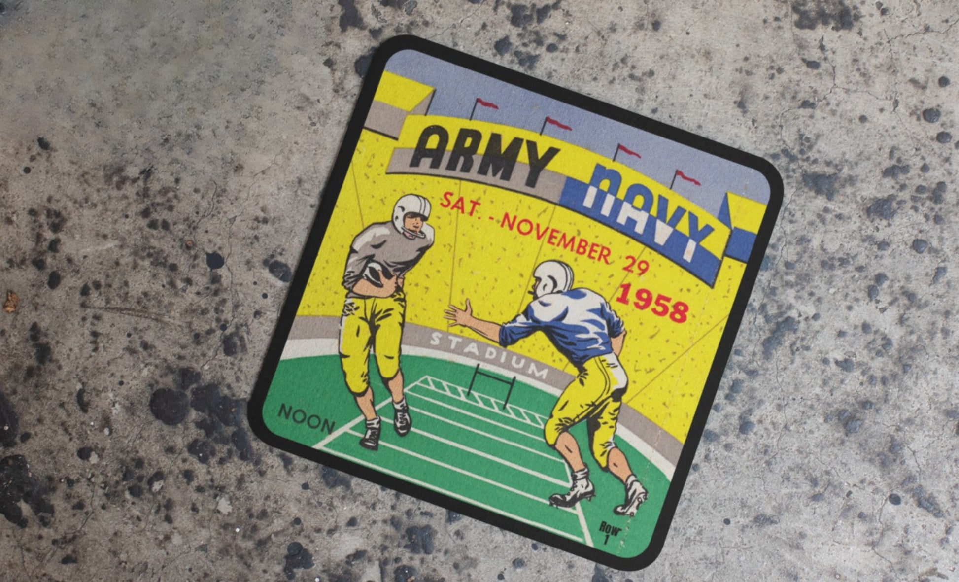 1958 Army-Navy Football Ticket Stub Drink Coasters with Cartoon Action Graphics | Row One Brand Sports Gifts