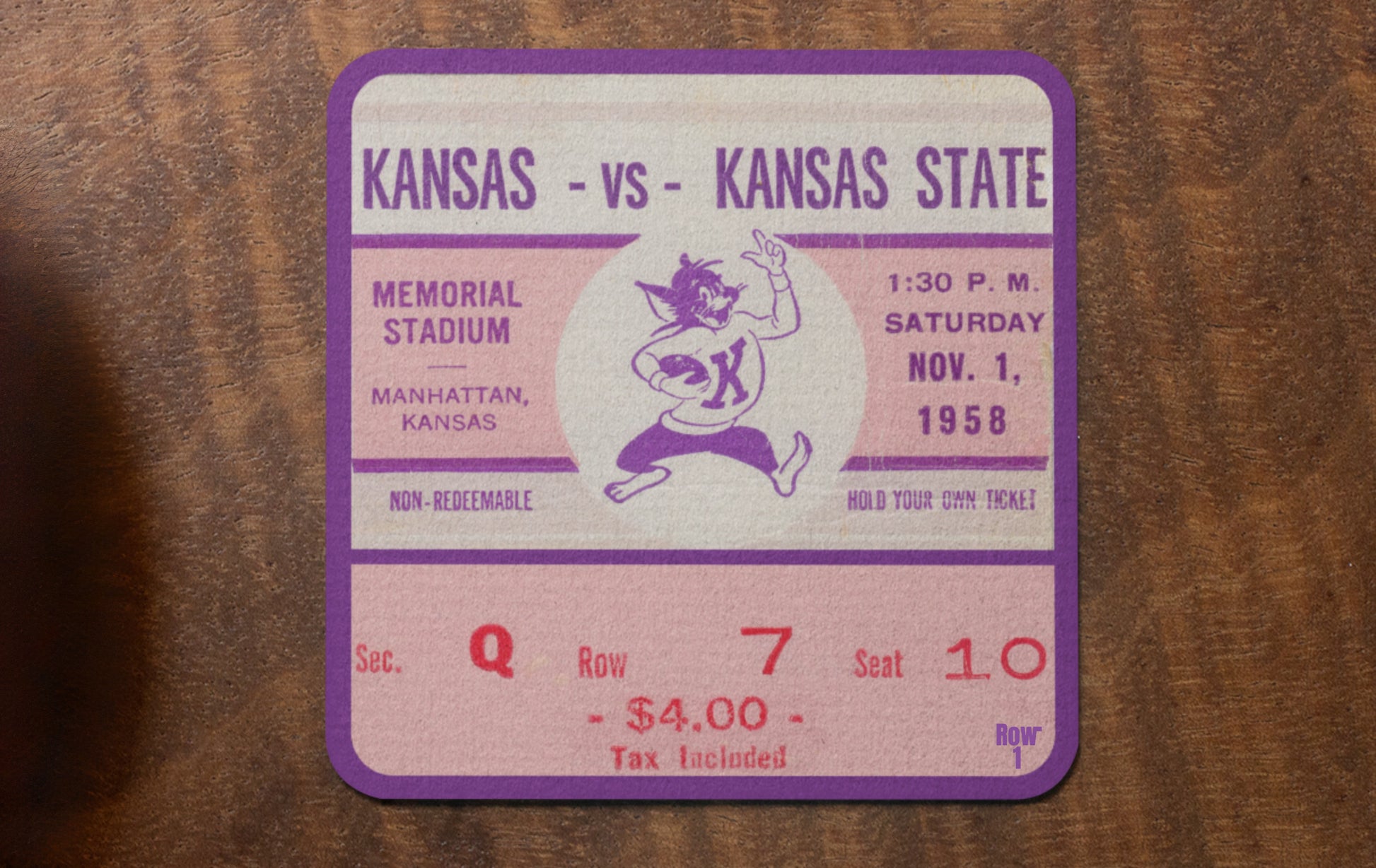 1958 Kansas State Wildcats vs. Kansas Jayhawks Football Ticket Coasters with Cartoon Wildcat Graphics | Row One Brand Vintage Ticket Stub Gifts