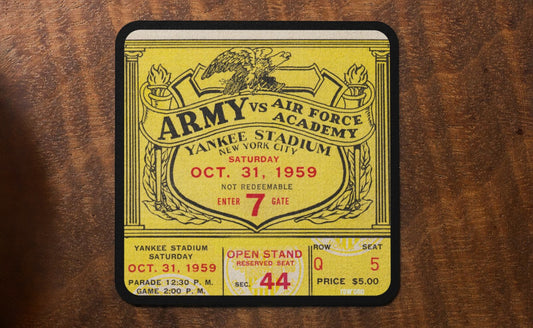 Unique 2024 Gifts | Row One Brand Vintage Sports Ticket Coasters | 1959 Army vs. Air Force Football Ticket Coasters with Yankees Stadium New York City Graphics in Yellow and Black