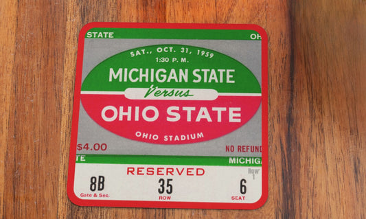 Father's Day Gift Ideas for Dad's Coffee Table | Man Cave Sports Gifts | 1959 Ohio State Buckeyes vs. Michigan State Spartans Football Ticket Stub Coasters with Bright Green and Red Football Graphics | Row One Brand Sports Gifts