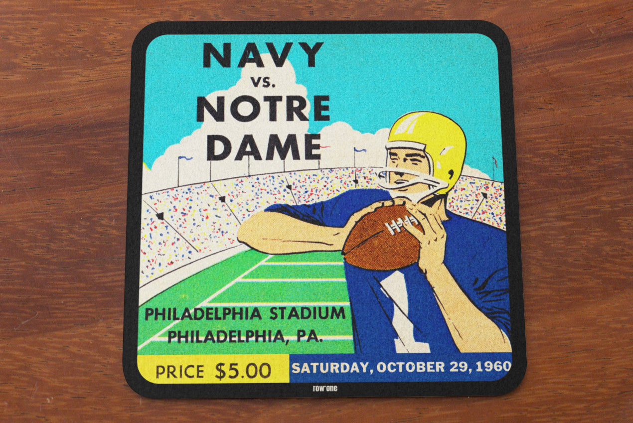 Affordable Father's Day Sports Gifts | Birch Wood Football Ticket Drink Coasters | 1960 Notre Dame vs. Navy with Quarterback Graphic