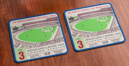 Reusable birch wood coasters: 1963 World Series LA Dodgers Ticket Stub Drink Coasters | Row One Brand