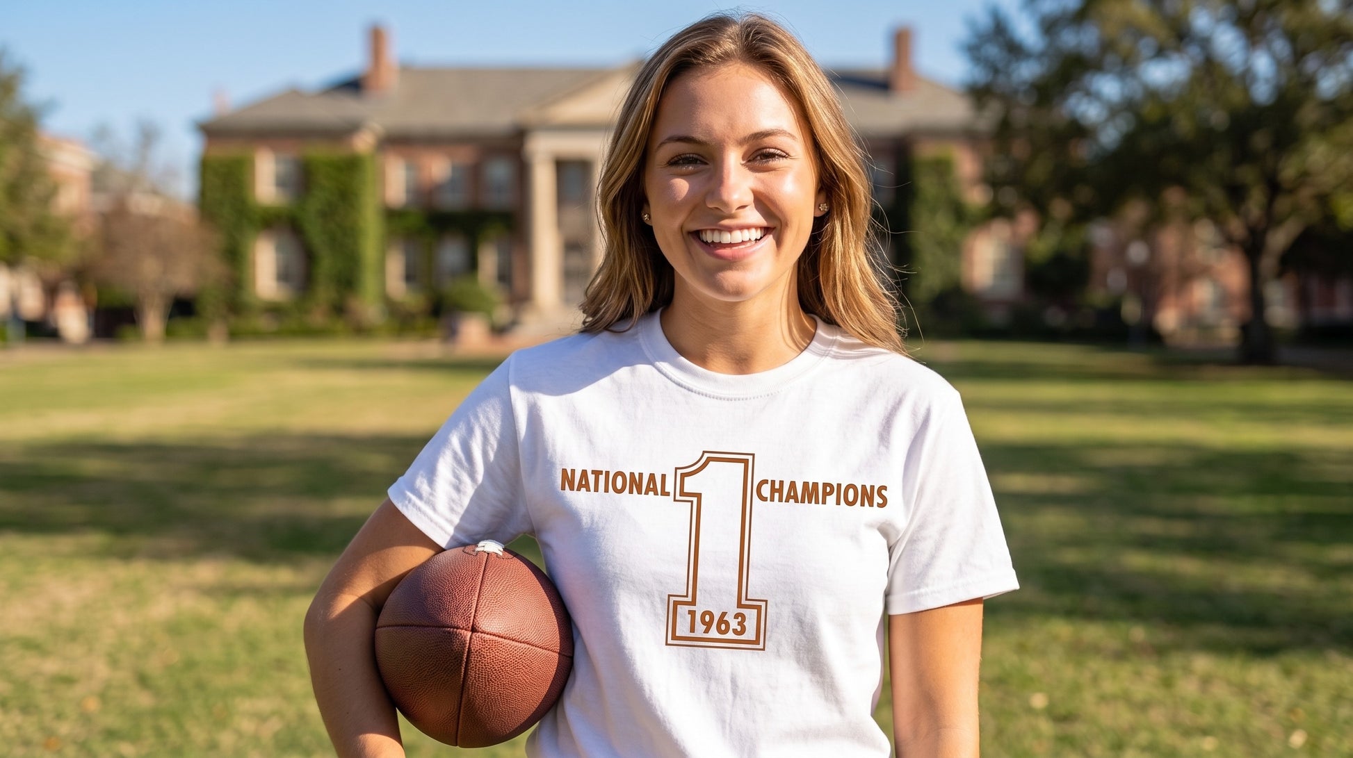 A smiling woman stands outdoors on a grassy field holding a football, wearing a white Row One Brand vintage college football T-shirt with orange brown text that reads 'National Champions 1963' and a large number 1 graphic.