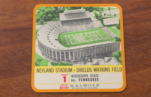 1963 Tennessee Vols Football Ticket Stub Drink Coasters with Vintage Neyland Stadium Graphics | Row One Brand