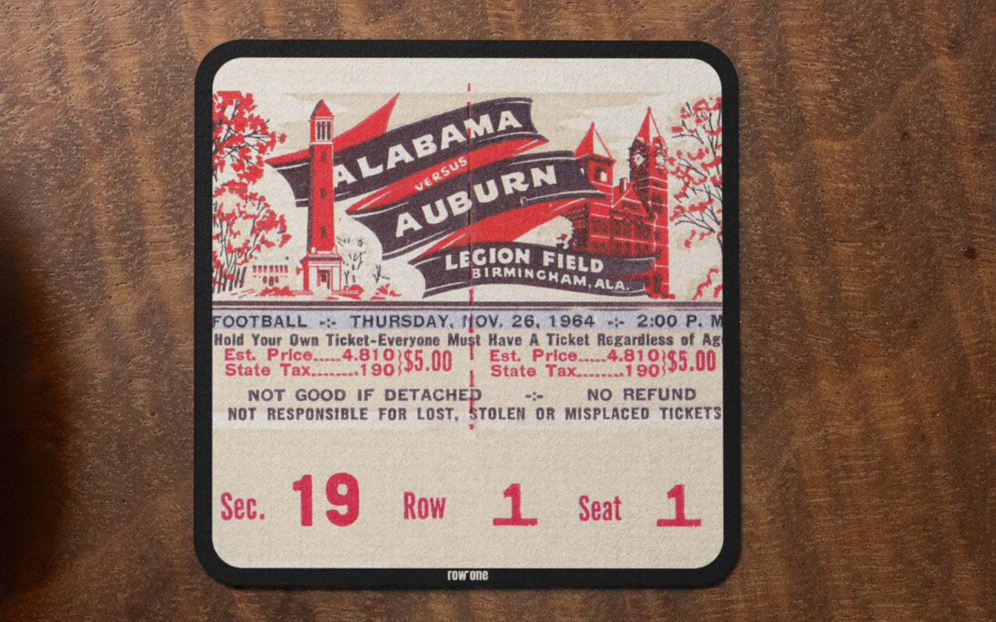 1964 Iron Bowl Alabama vs. Auburn Football Ticket Drink Coasters with Campus Graphics | Row One Brand