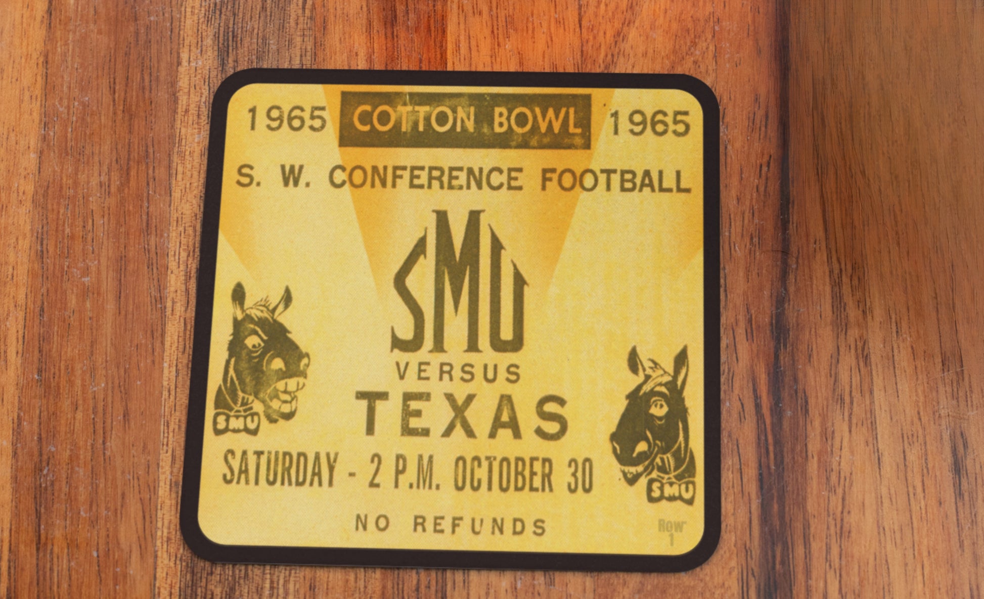 Southwest Conference Football | 1965 SMU Mustangs vs. Texas Longhorns Football Ticket Drink Coasters | Row One Brand