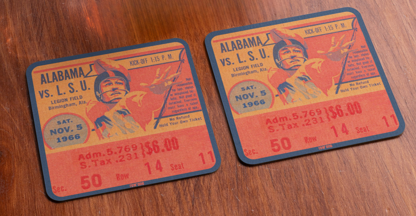 Quarterback Graphics 1966 Alabama vs. LSU Football Ticket Drink Coasters | Row One Brand Vintage Sports Ticket Gifts