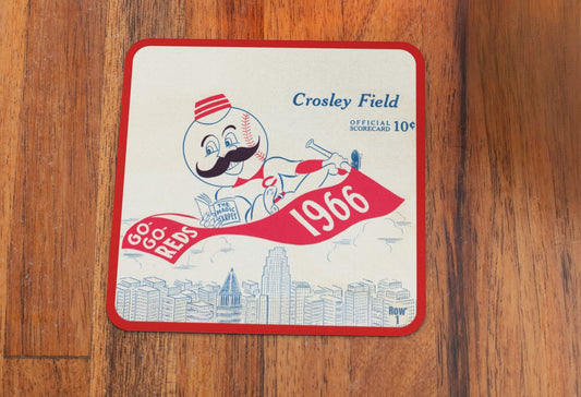 Vintage Sports Gifts | Row One Brand Historic Baseball Gifts | 1966 Cincinnati Reds Scorecard Art Coasters with Throwback Mr. Redlegs Character Graphics