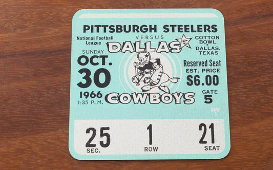 Historic Sports Ticket Stub Collection | 1966 Dallas Cowboys vs. Pittsburgh Steelers Ticket Stub with Cowboy Joe mascot art | Unique Sports Gifts from Row One Brand