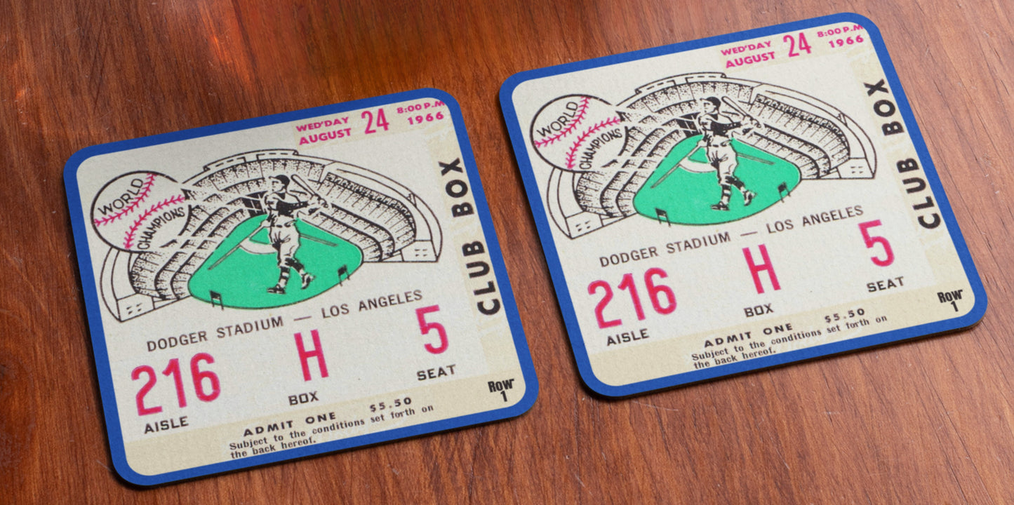 1966 LA Dodgers Baseball Ticket Drink Coasters. Custom Made Birch Wood Coasters from Row One Brand. Made in the U.S.A.
