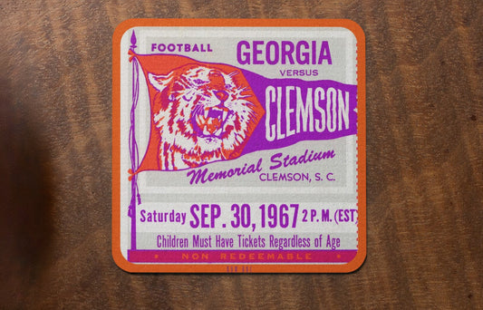 Row One Brand Vintage 1967 football ticket coasters for a football game between Georgia and Clemson at Memorial Stadium, Clemson, S.C. with vintage Tiger graphics printed on birch wood coasters