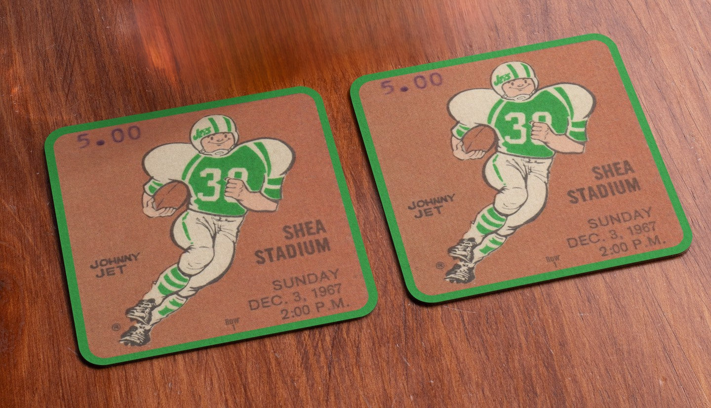 1967 New York Jets Football Ticket Drink Coasters | Row One Brand | Historic Sports Gifts