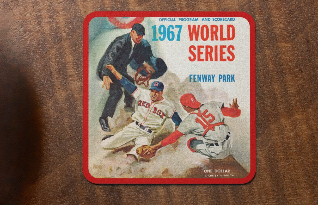 1967 World Series Boston Red Sox vs. St. Louis Cardinals Art Drink Coasters with Red Sox Player Sliding Into Home Plate Safely | Row One Brand Vintage Baseball Gifts | Unique Father's Day Baseball Gifts | Luxury Birch Wood Drink Coaster Set Made in the U.S.A.