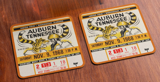 1968 Auburn Tigers vs. Tennessee Vols Football Ticket Drink Coasters With Cartoon Graphics by Artist Phil Neel | Row One Brand Vintage Sports Gifts