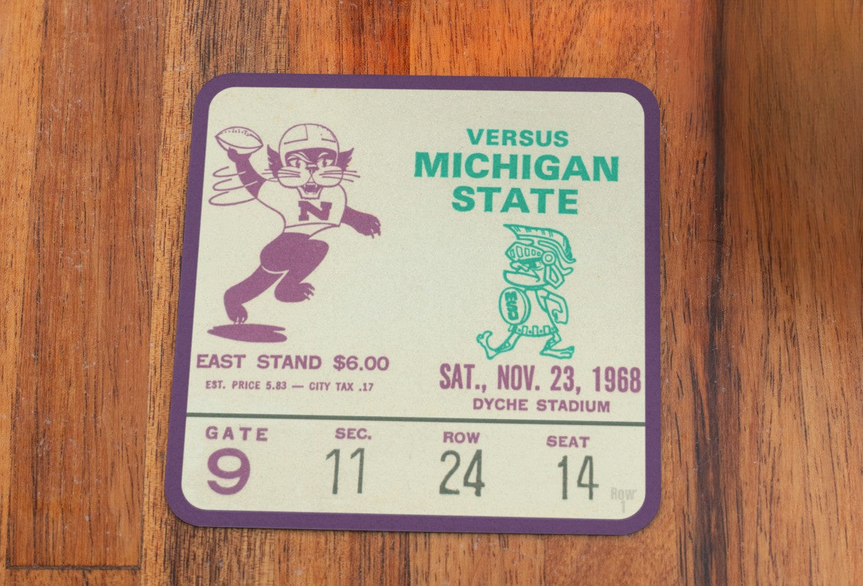 Ticket Stub Drink Coasters | Row One Brand 1968 Northwestern vs. Michigan State Football Ticket Coasters with Cartoon Graphics | Gift Ideas for Game Rooms, Kitchens, and Man Caves